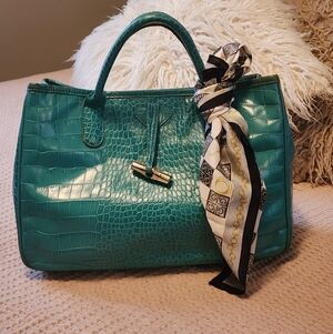 LONGCHAMP CROC EMBOSSED ROSEAU Hobo Shopper Leather Tote Bag Green